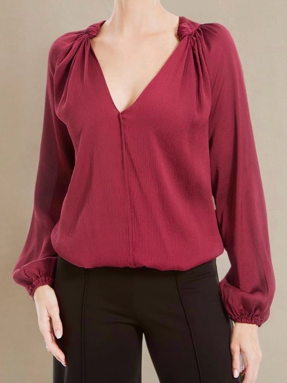 NEW! Max Studio Burgundy Knot-Shoulder V-Neck Blouse NWOT
